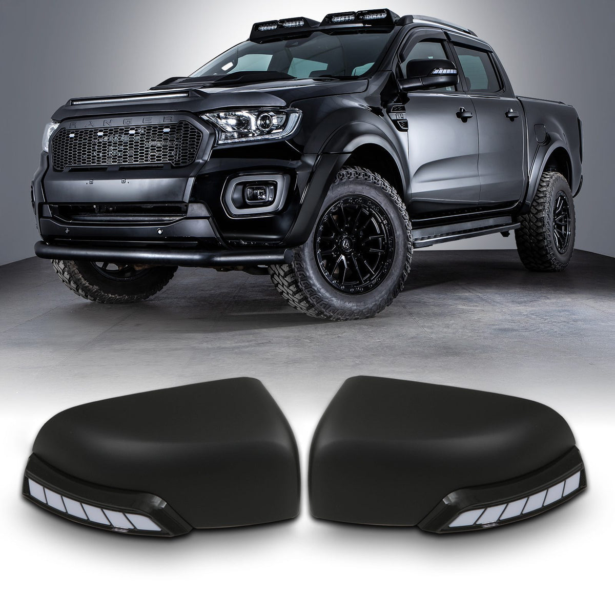 Black Door Mirror Covers With Dynamic LED Indicators for Ford Ranger T6 T7 T8 2011-2022