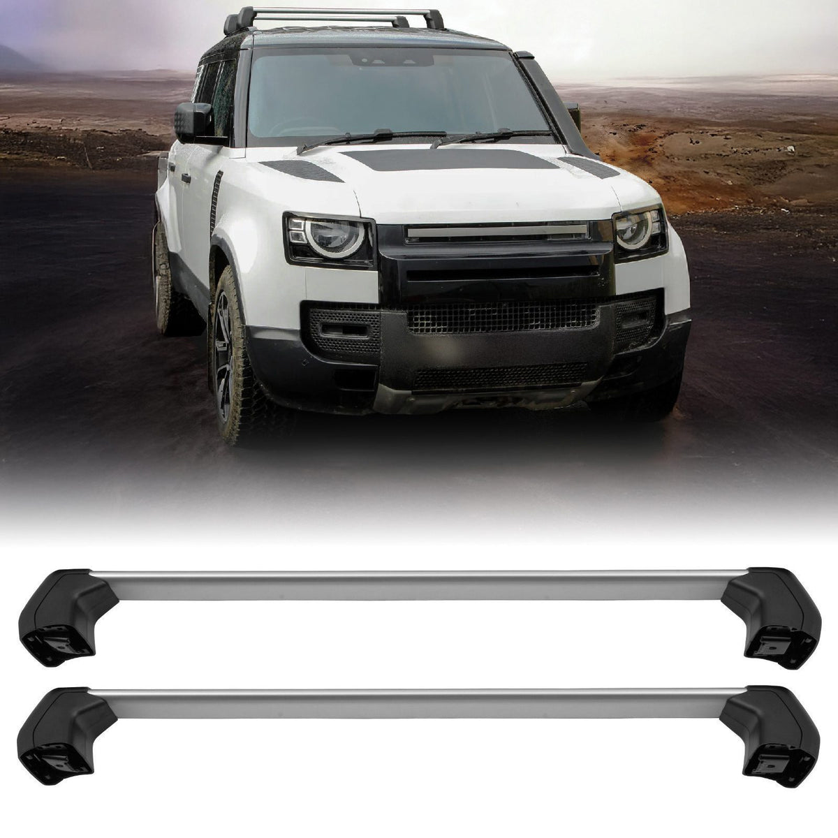 Silver and Black Roof Cross Bars for Land Rover Defender 90 L663 2020+