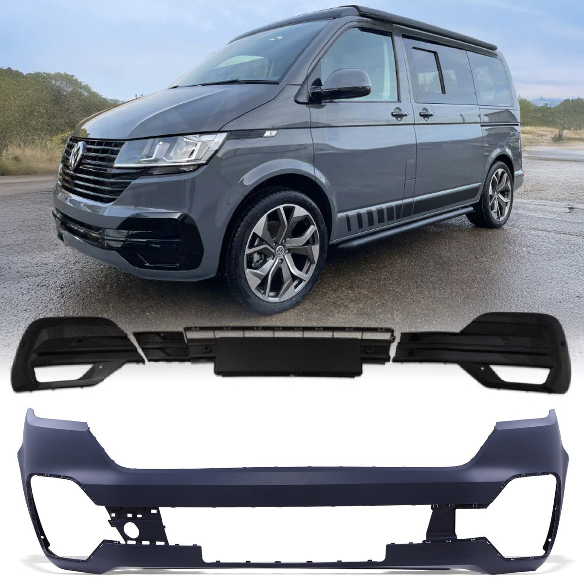Highline Style Front Bumper With Fog Light Trims for VW Transporter T6.1 19-24