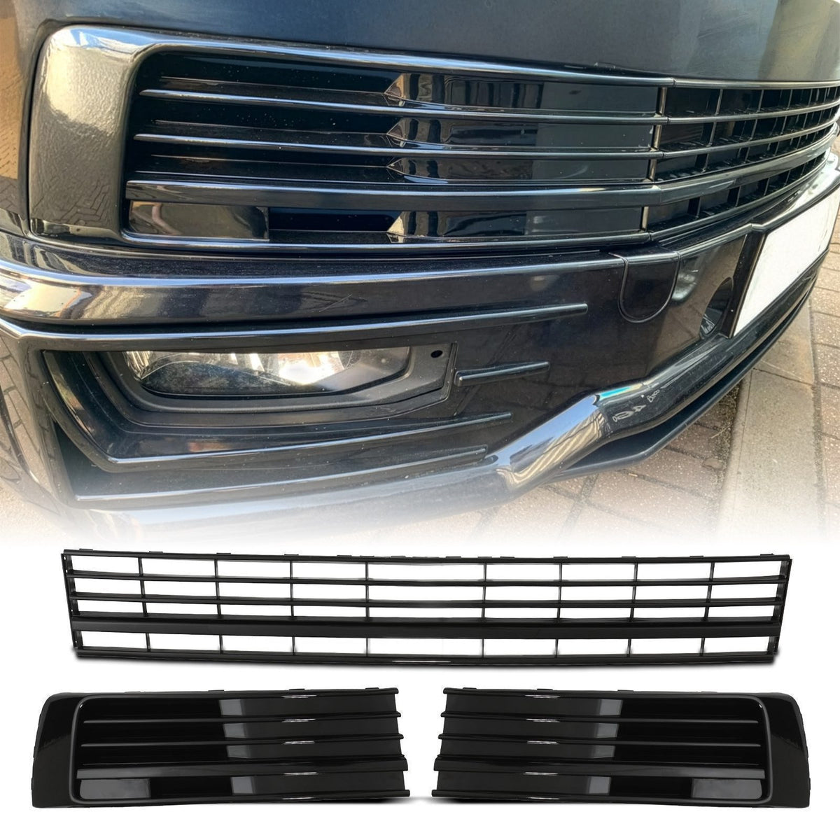 Gloss Black Lower Grille Trim Set (Non-Parking Sensor Models) for VW Transporter T6 16-19