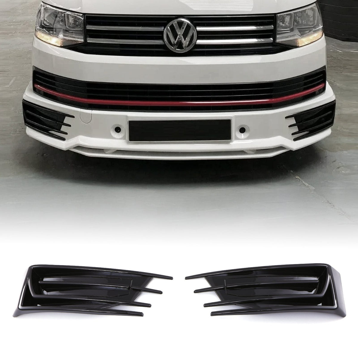 Gloss Black Sportline Front Bumper Inserts for VW Transporter T6 16-19