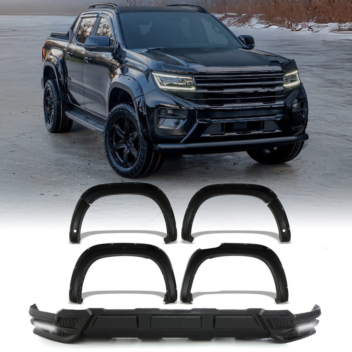 Gloss Black DRL Front Splitter & Bolt On Wide Arch Kit for VW Amarok MK2 2023+
