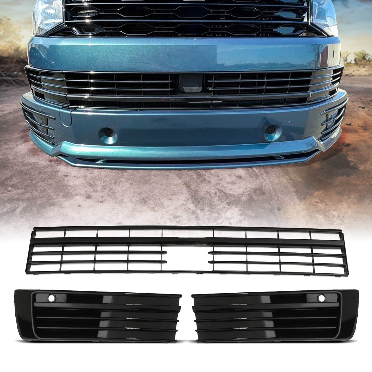 Gloss Black Lower Grille Trim Set For Models With Radar & Parking Sensors for VW Transporter T6 16-19
