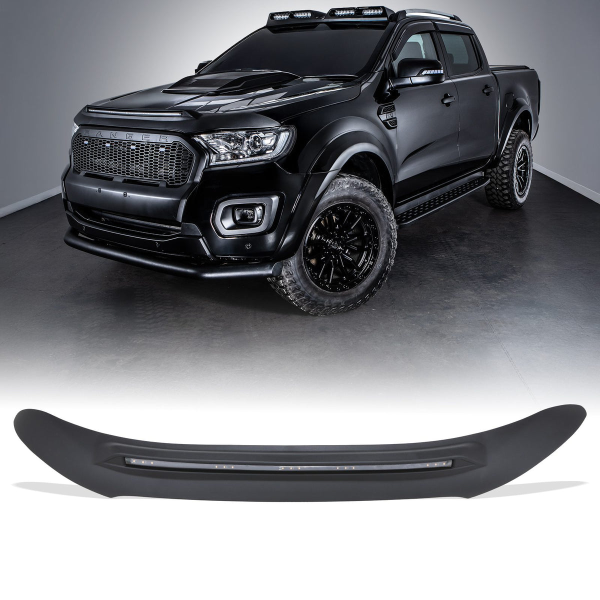 Black Bonnet Guard With LED Lights for Ford Ranger T7 T8 2015-2022