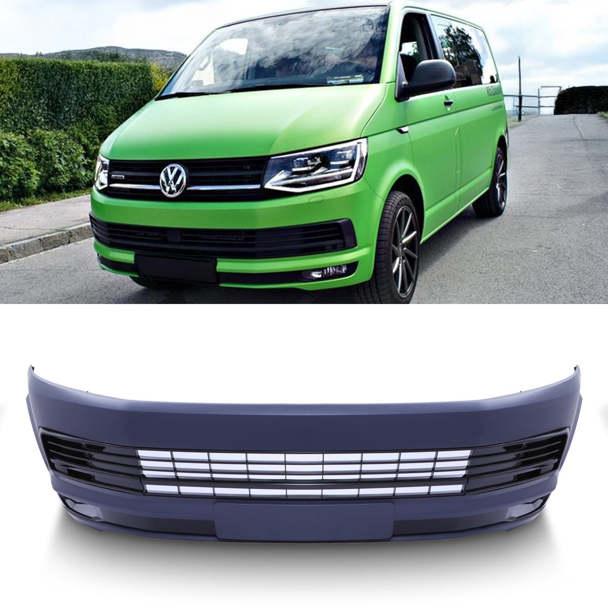 Primed Front Bumper Sportline Style with Gloss Black Grille Trim for VW Transporter T6 16-19