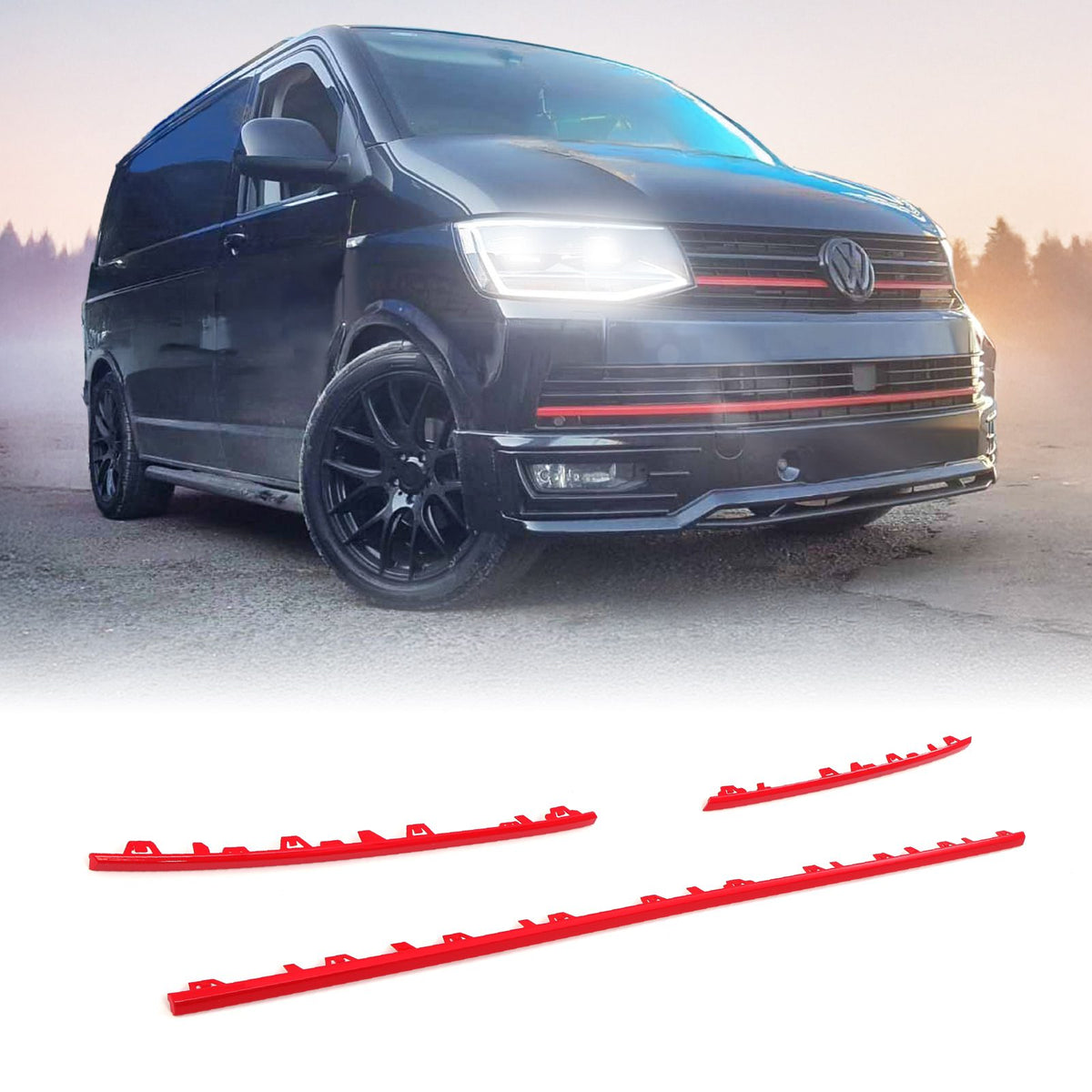 3 Piece Red Front Bumper Grille Trim for VW Transporter T6 16-19