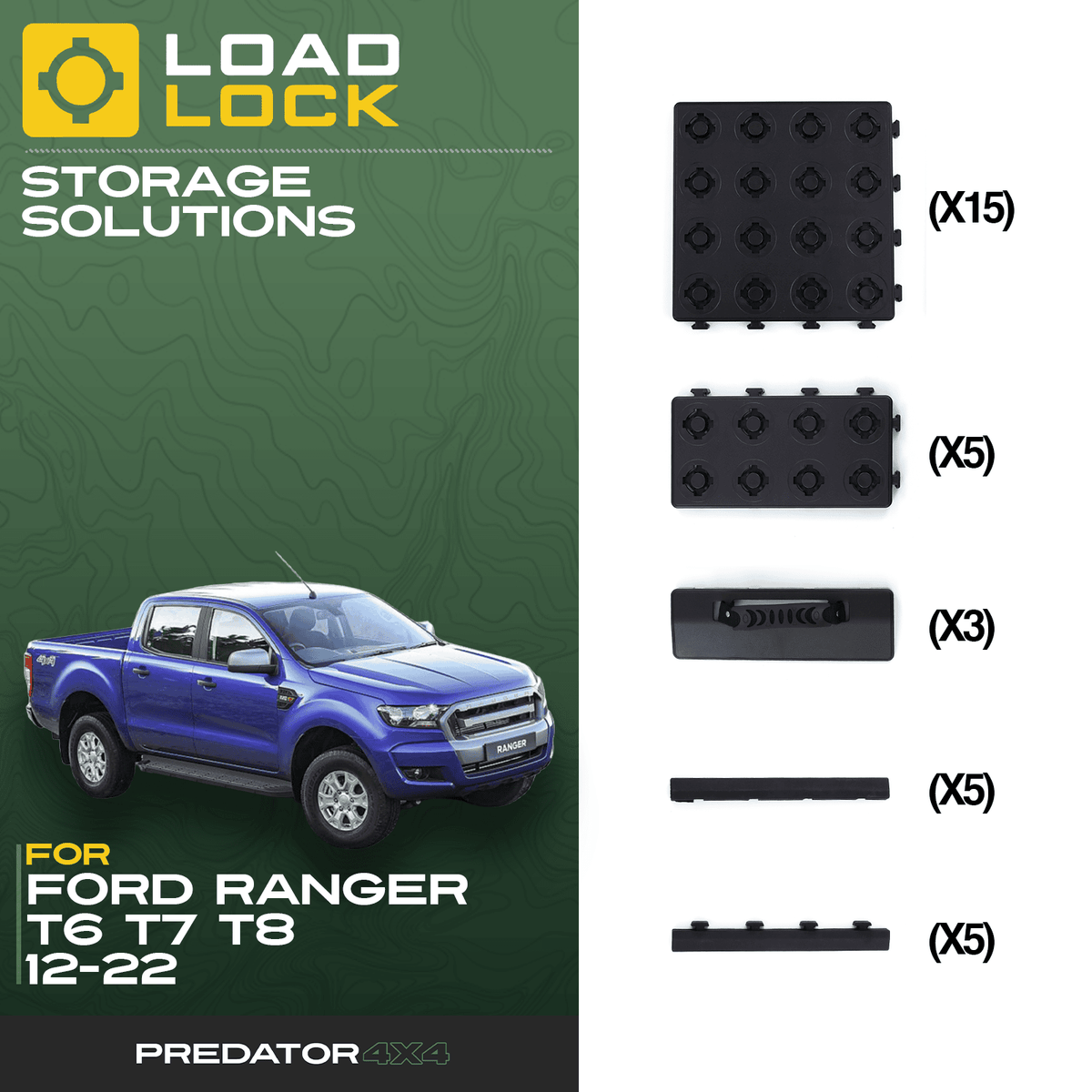 LoadLock Full Truck Bed Base Kit for Ford Ranger T6/T7/T8 2012-2023 - 6 Anchors & 6 Stoppers