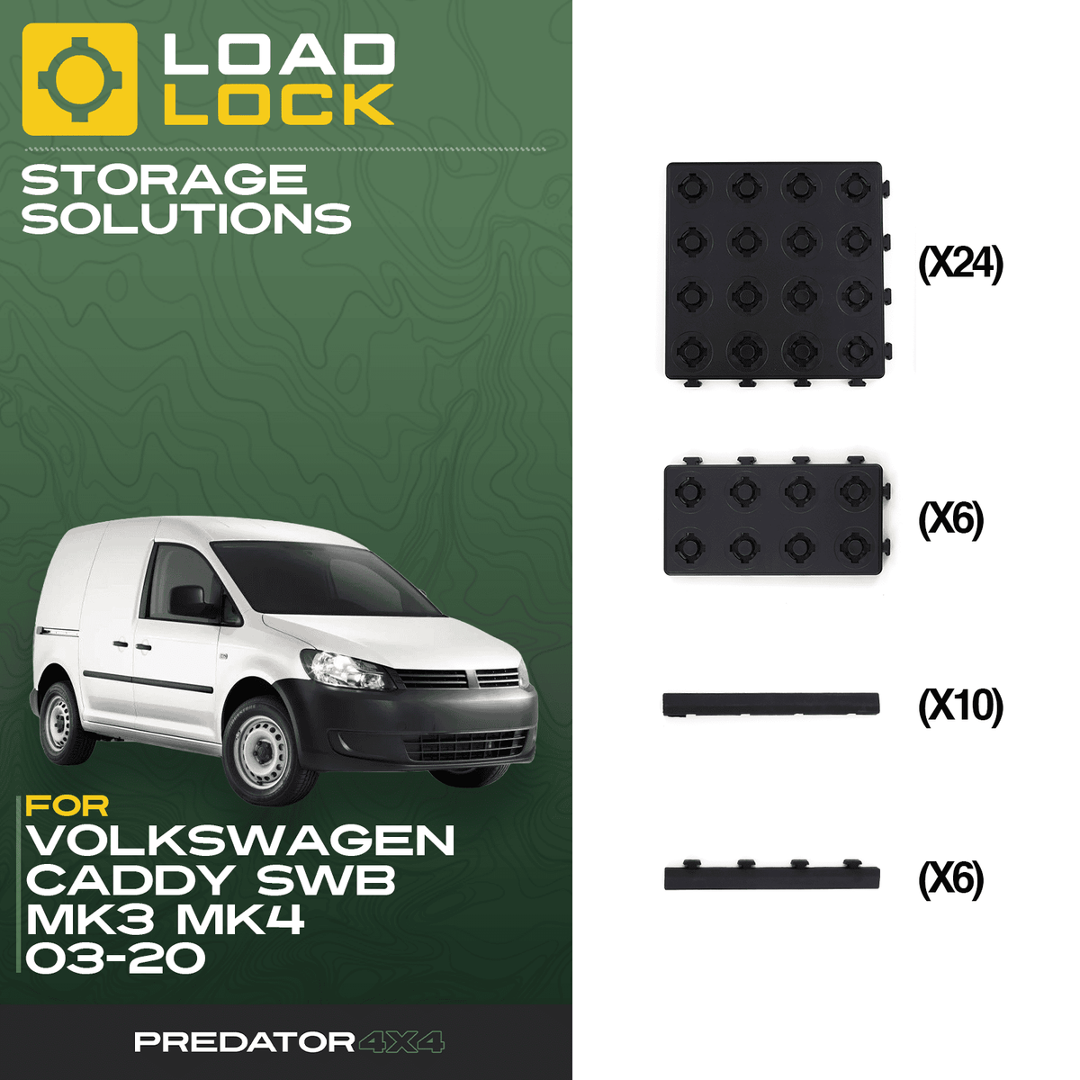 LoadLock Full Load Bed Base Kit for Volkswagen Caddy SWB/LWB MK3/MK4 2003-2020 - 8 Anchors & 8 Stoppers , LWB