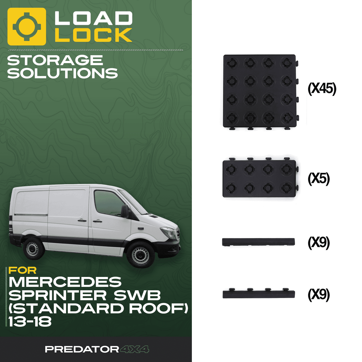 LoadLock Full Load Bed Base Kit for Mercedes Sprinter SWB/MWB/LWB/XLWB 2013-2018 - 4 Anchors & 4 Stoppers , SWB (Standard Roof)
