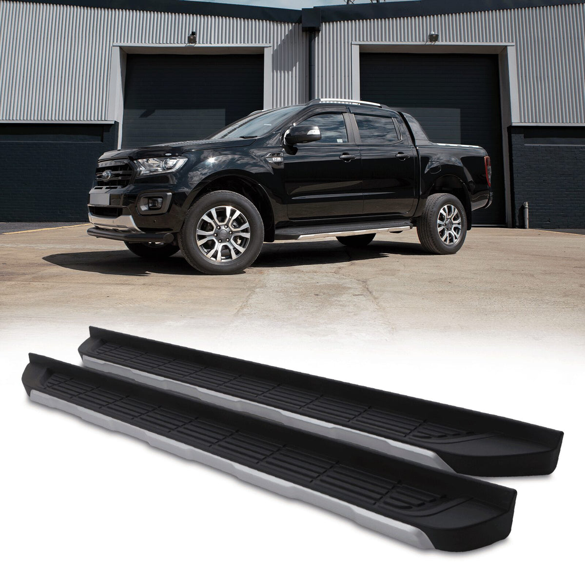 Black & Silver Side Steps for Ford Ranger T7 15-17