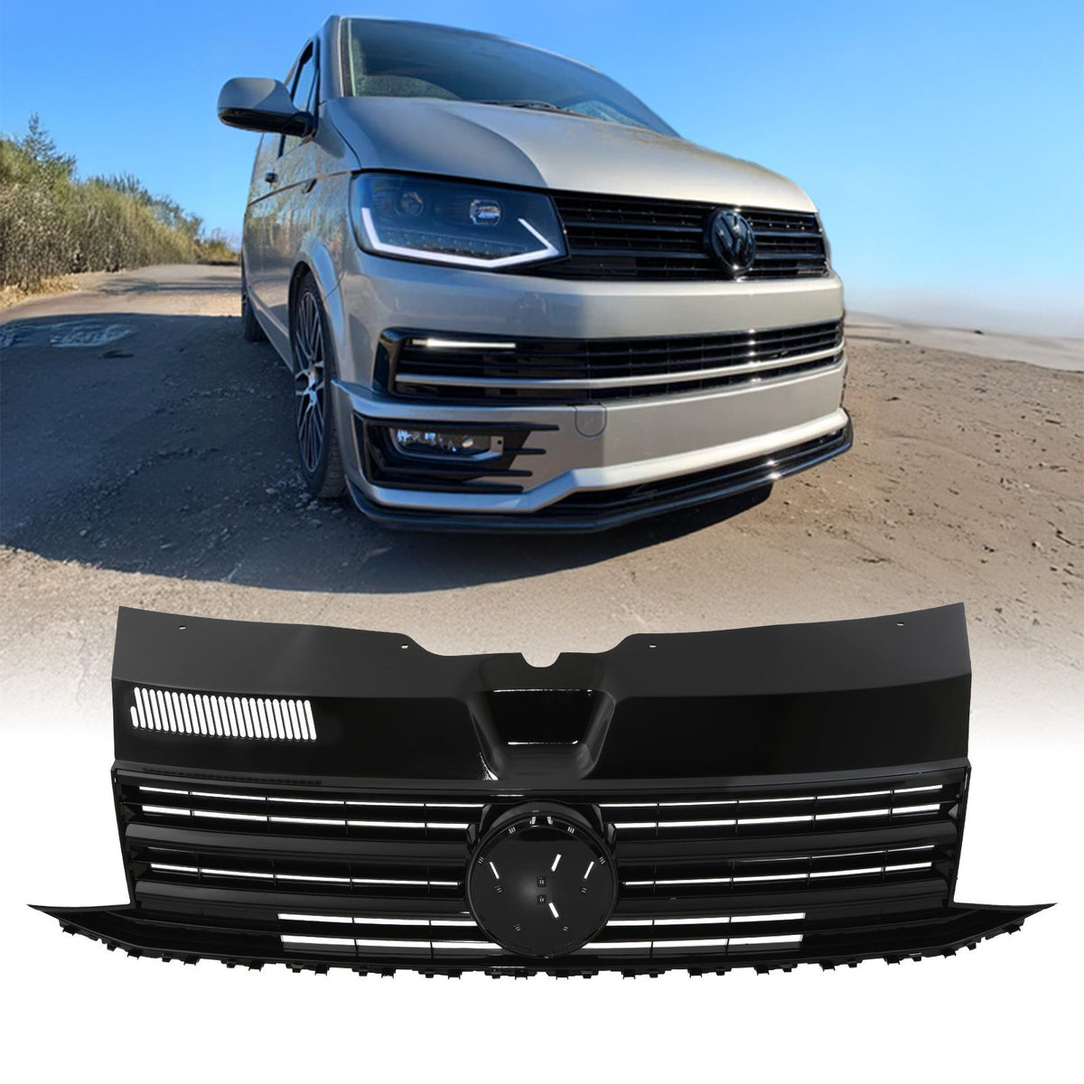 Gloss Black Badged Front Bumper Grille for VW Transporter T6 Van 16-19