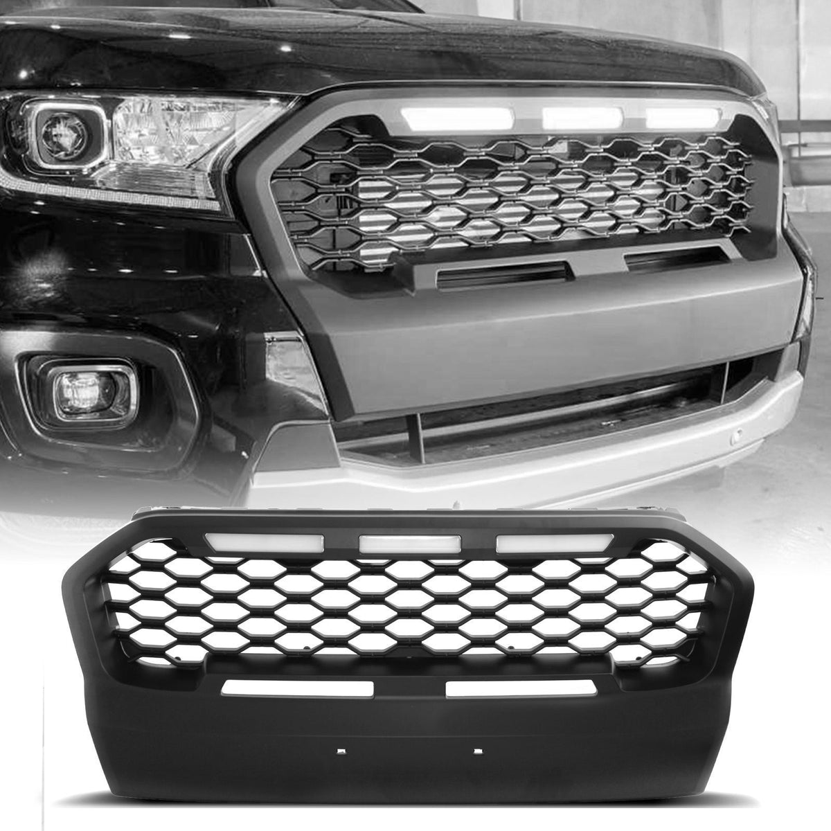 Matt Black Honeycomb Grille With LED Lights for Ford Ranger T7 15-18