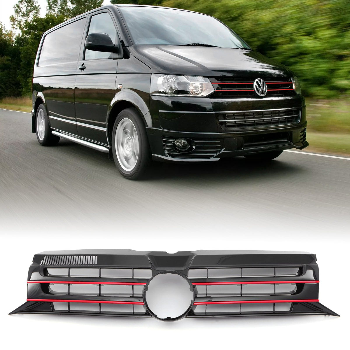 Gloss Black Badged Front Bumper Grille Red Trim for VW Transporter T5.1 09-15