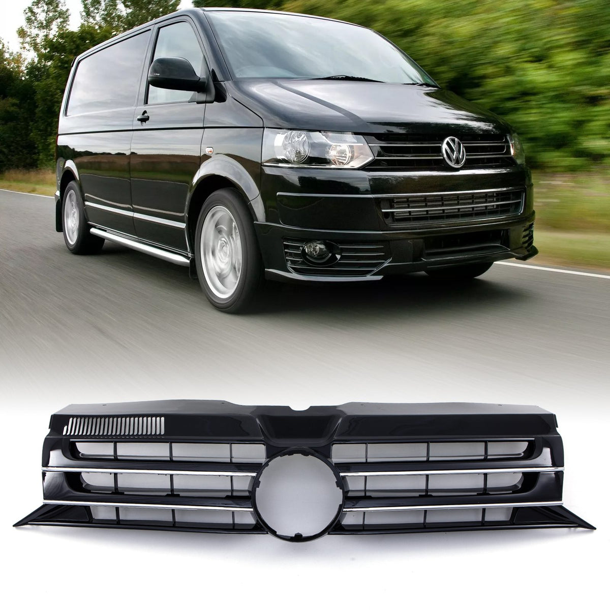 Gloss Black Badged Front Bumper Grille Chrome Trim for VW Transporter T5.1 09-15