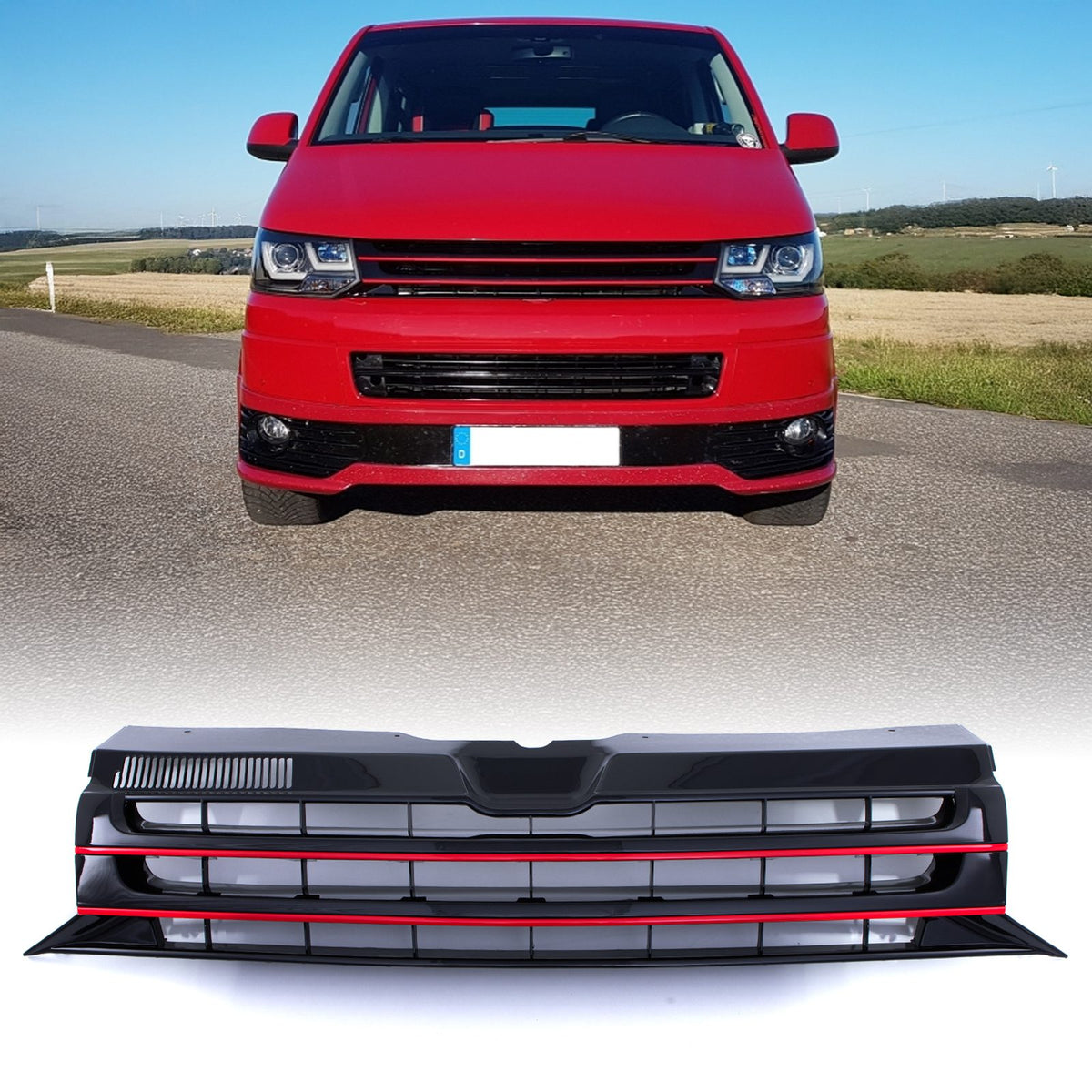 Gloss Black Badgeless Front Bumper Grille Red Trim for VW Transporter T5.1 09-15