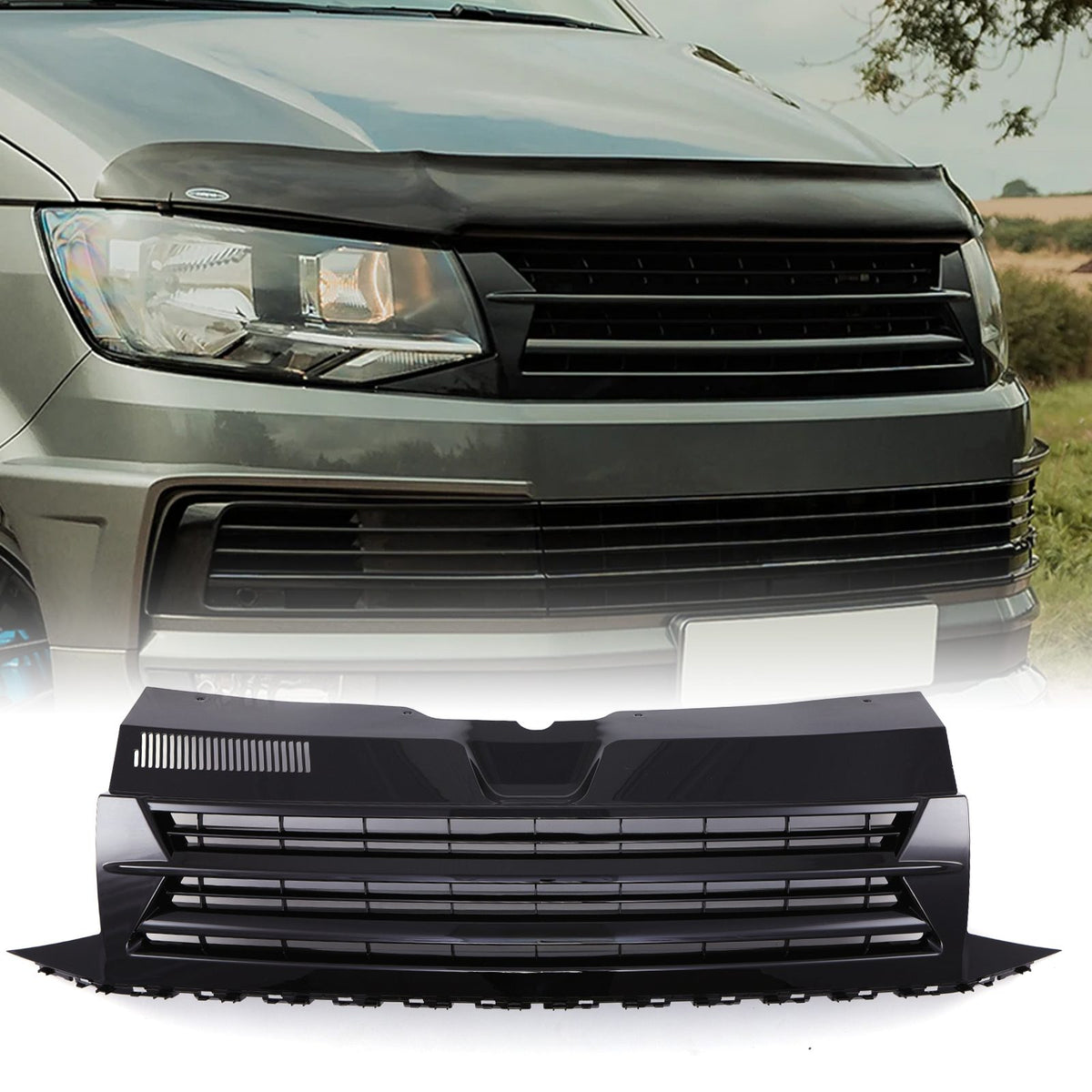 Gloss Black Badgeless Front Bumper Grille for VW Transporter T6 16-19