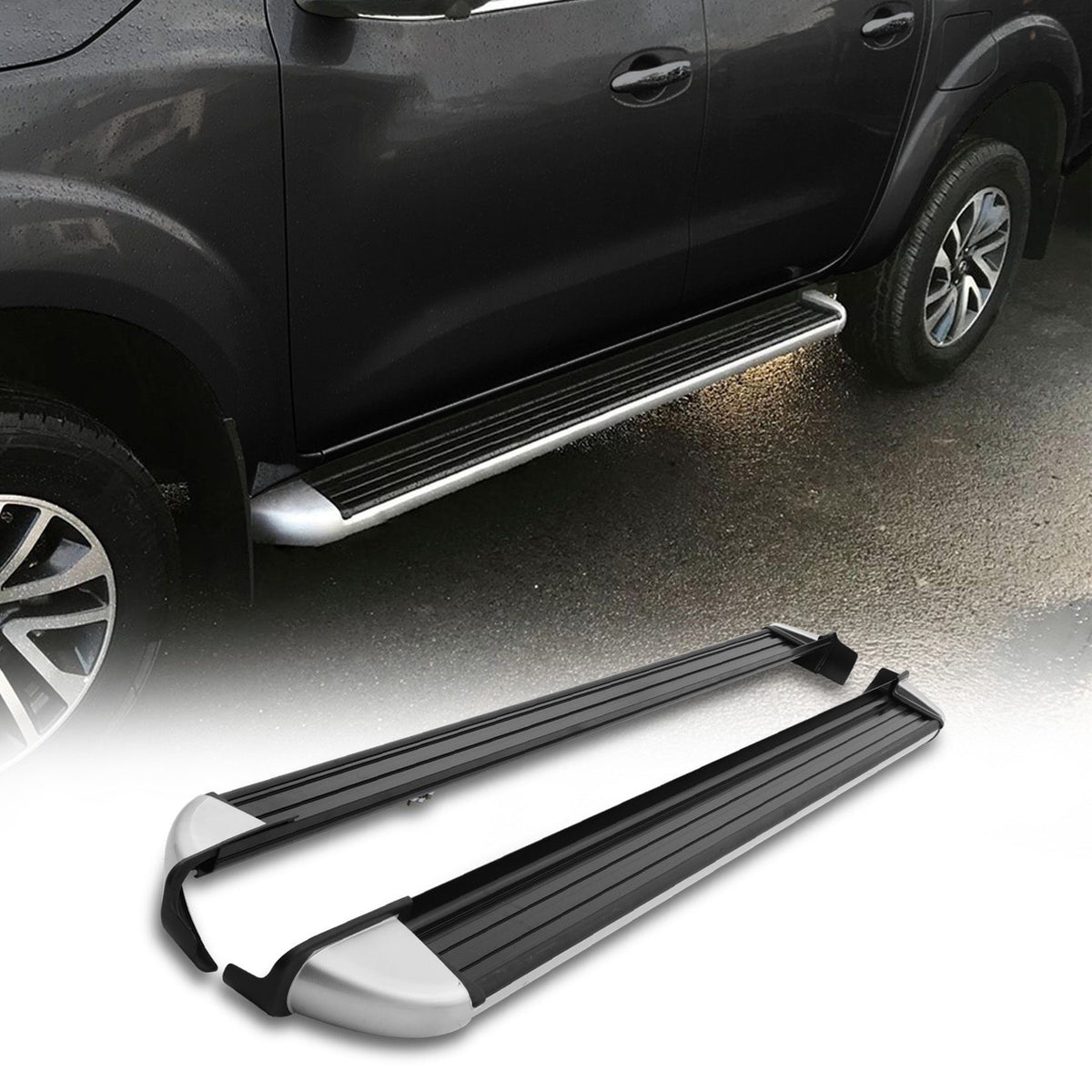 Black &amp; Silver Side Steps for Nissan Navara D23 NP300 14-21