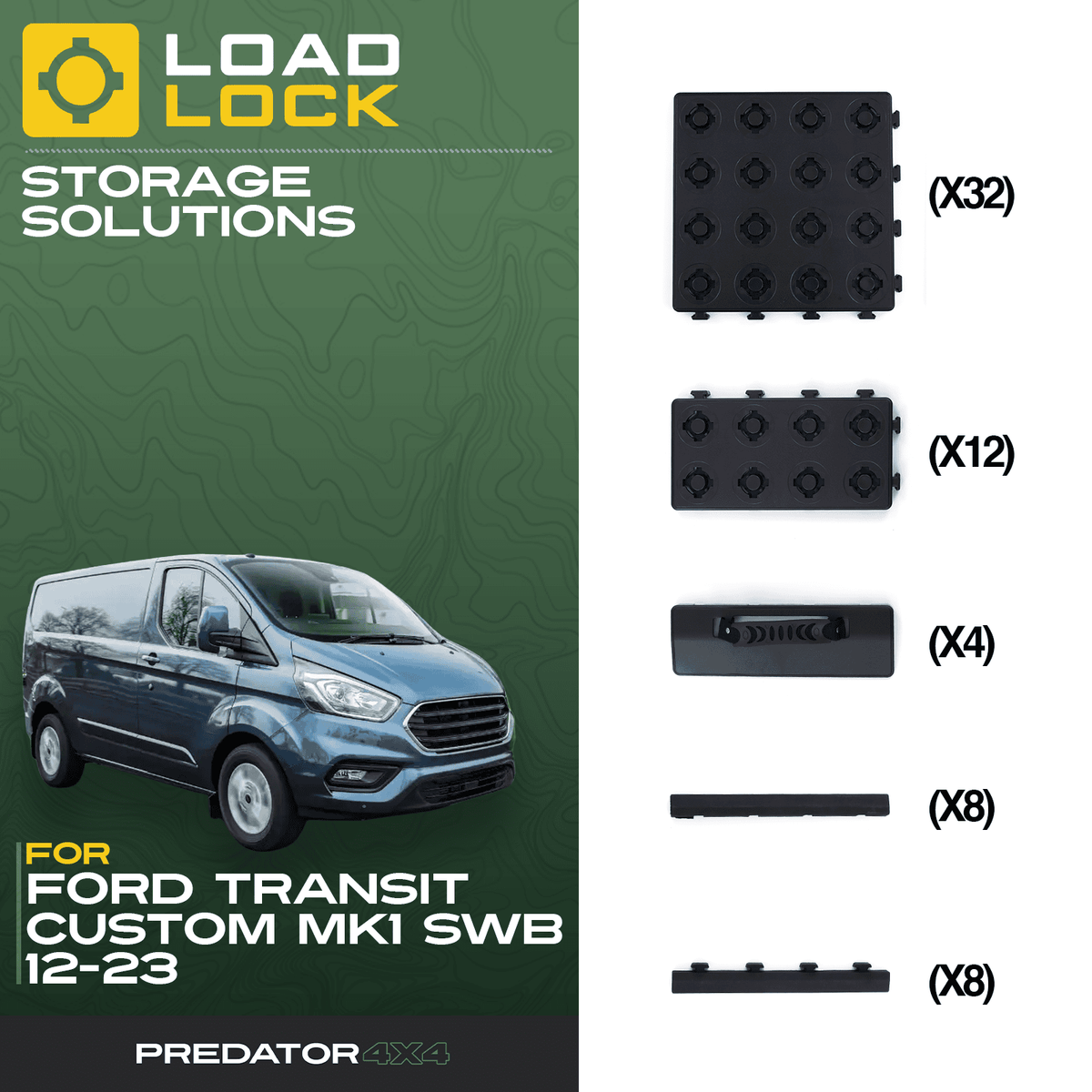 LoadLock Full Load Bed Base Kit for Ford Transit Custom MK1 SWB/LWB 2012-2023 - 8 Anchors & 8 Stoppers , SWB
