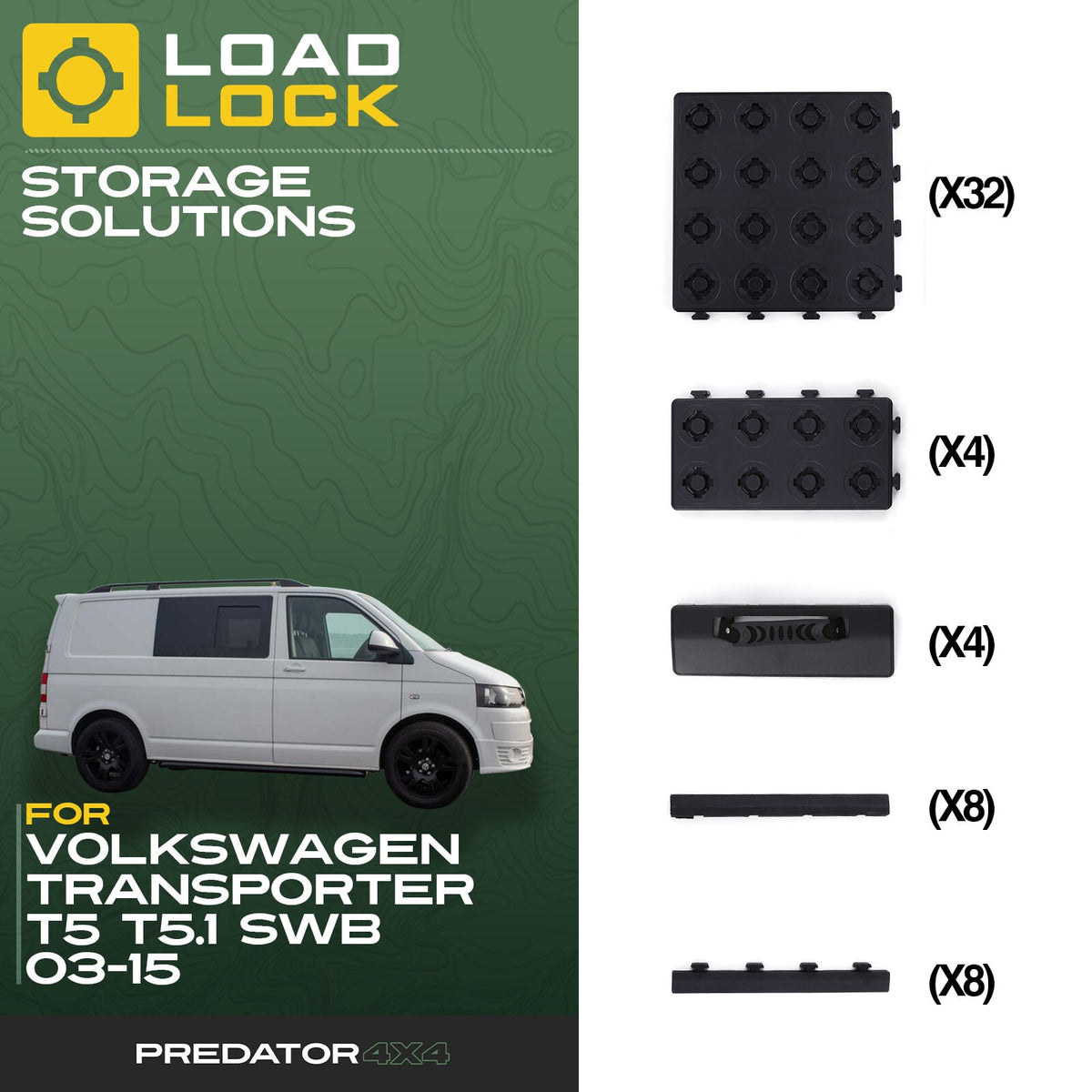 LoadLock Full Load Bed Base Kit for Volkswagen Transporter T5 / T5.1 SWB/LWB 2003-2015 - 8 Anchors & 8 Stoppers , SWB