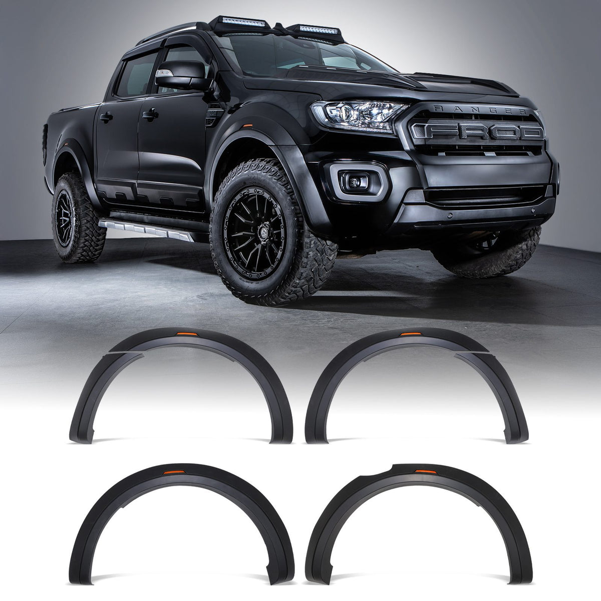 Matte Black Wide Wheel Arch Kit with Amber LEDs for Ford Ranger T7 T8 15-22