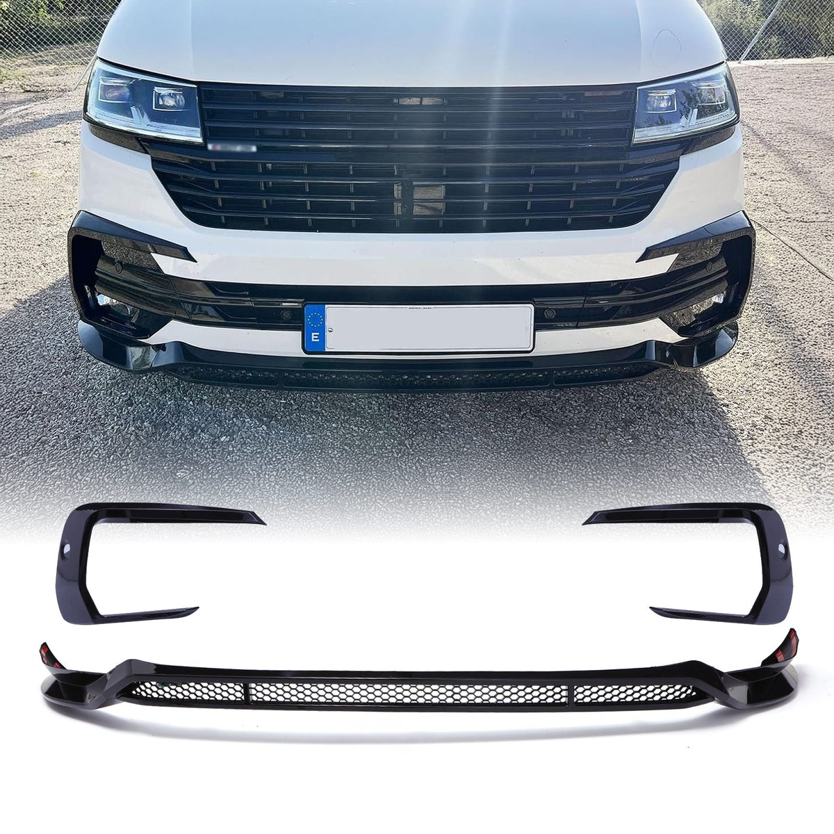 Gloss Black Front Splitter ABS Style with Sensor Holes for VW Transporter T6.1 19–24