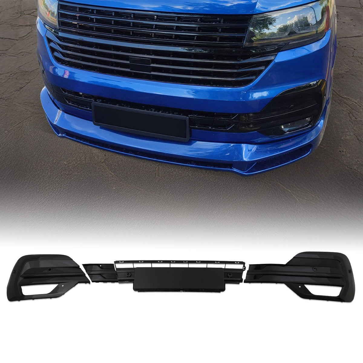 Gloss Black Front Bumper Fog Light Covers &amp; Lower Grille for VW Transporter T6.1 19+